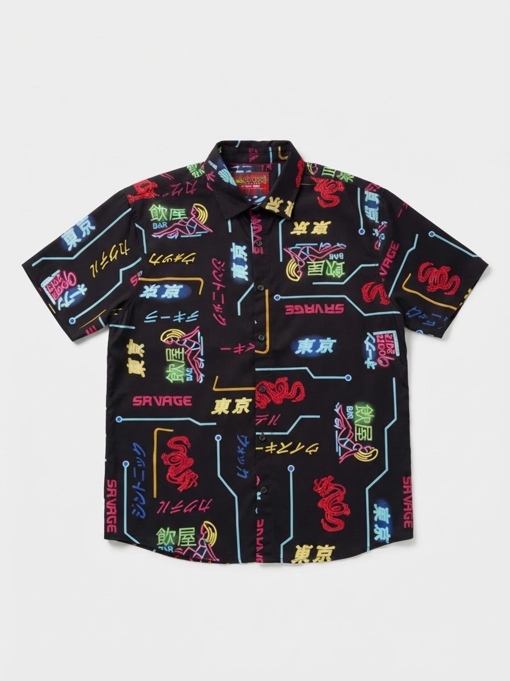 Fresh Prints Tokyo by Drill Clothing Co. Neon Circuitry Button-Up Shirt Size XL